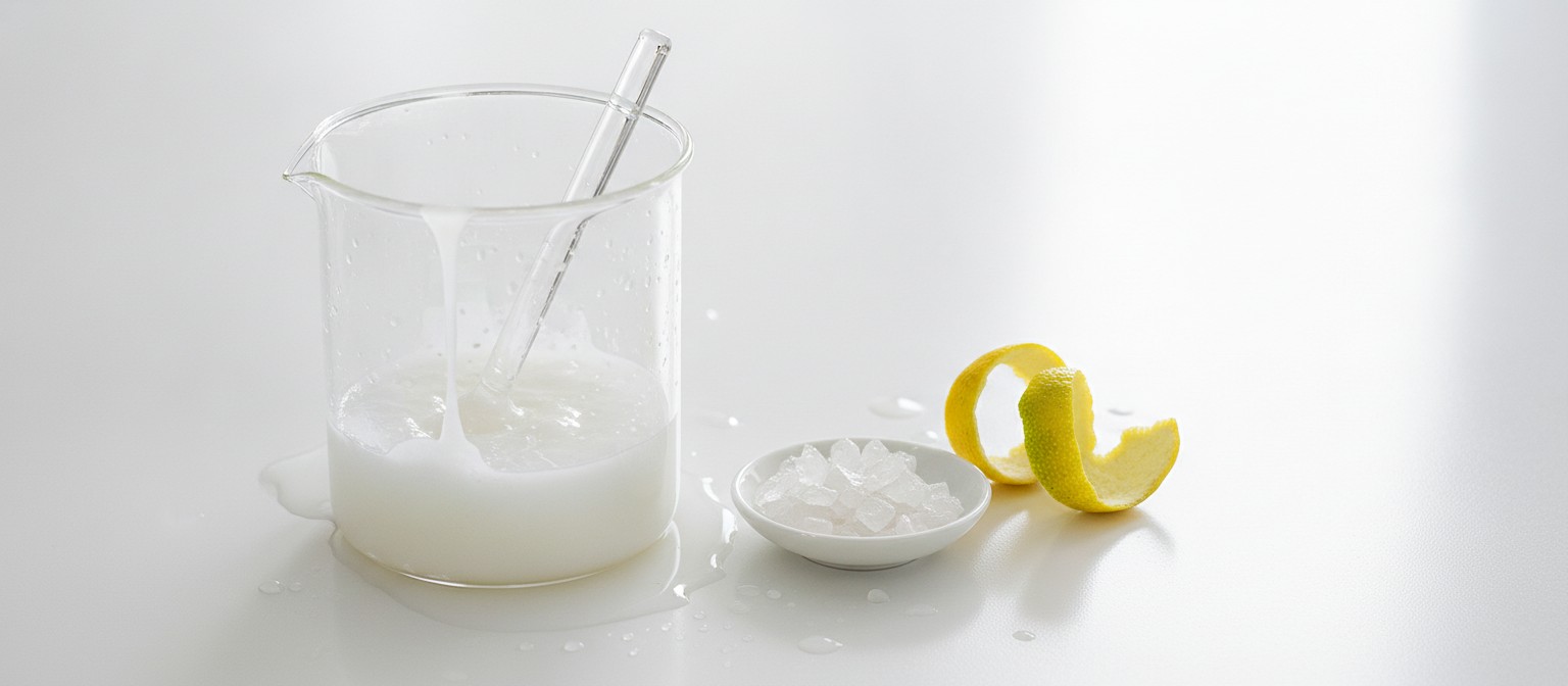 Polymer powder and water being mixed into a binder slurry in a laboratory beaker