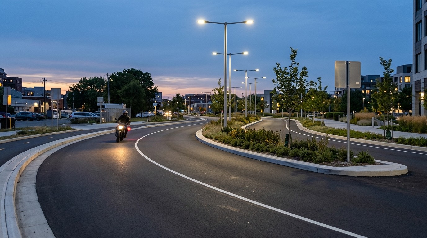 A motorcyclist approaches a gentle curve on a dusk-lit street with bright lane markings and recessed planting.