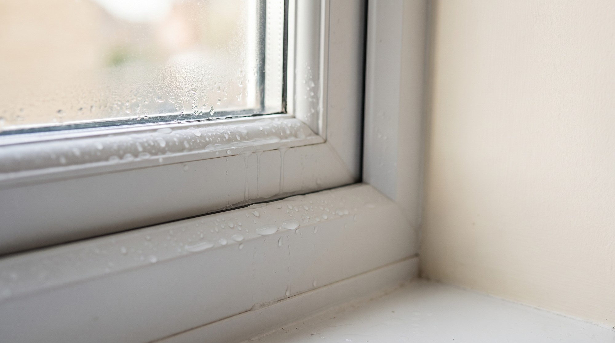 Water beading on the lower frame and sill of a domestic window with moisture running down the glass