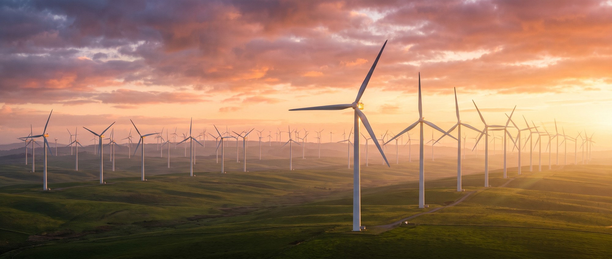 MIT’s Pressurized Wind Tunnel Unlocks a Wind Farm Efficiency Boost A row of modern wind turbines across rolling green hills at golden hour
