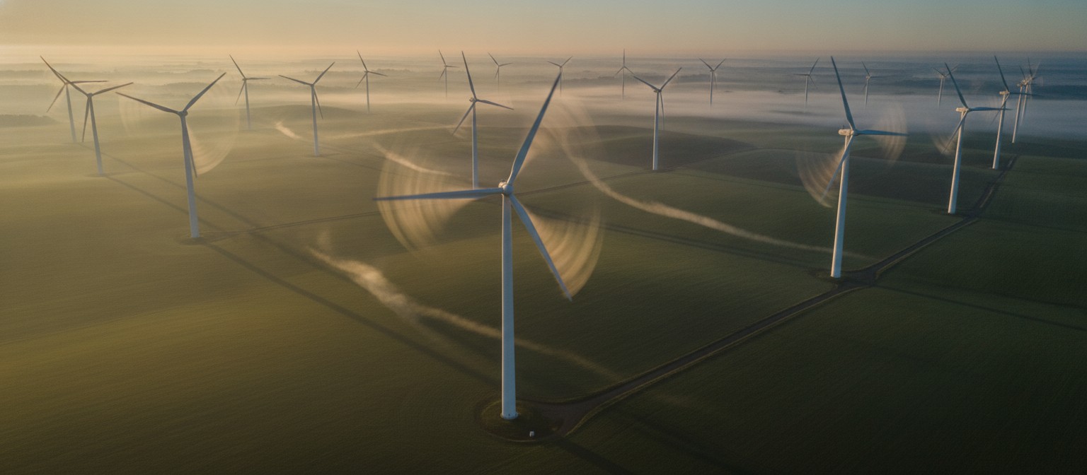 Aerial view of turbulent wakes trailing from turbines across a wind farm at daybreak