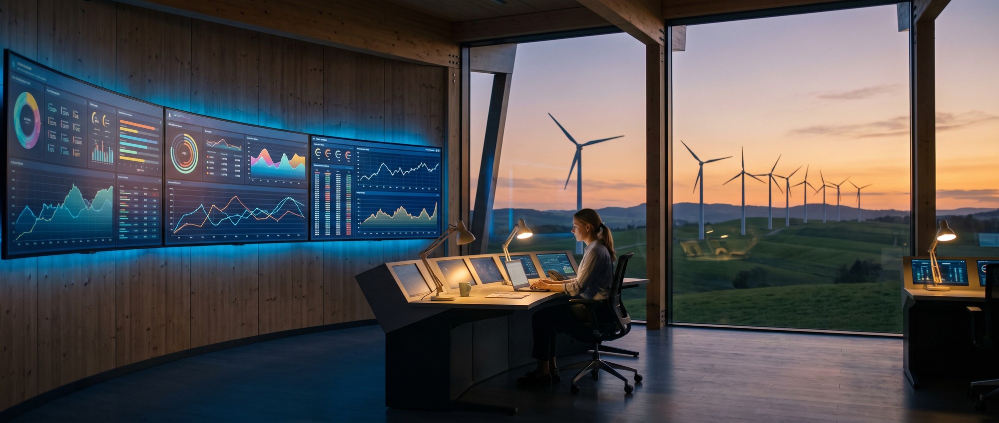 An engineer reviewing wind turbine performance data in a modern control room at dusk