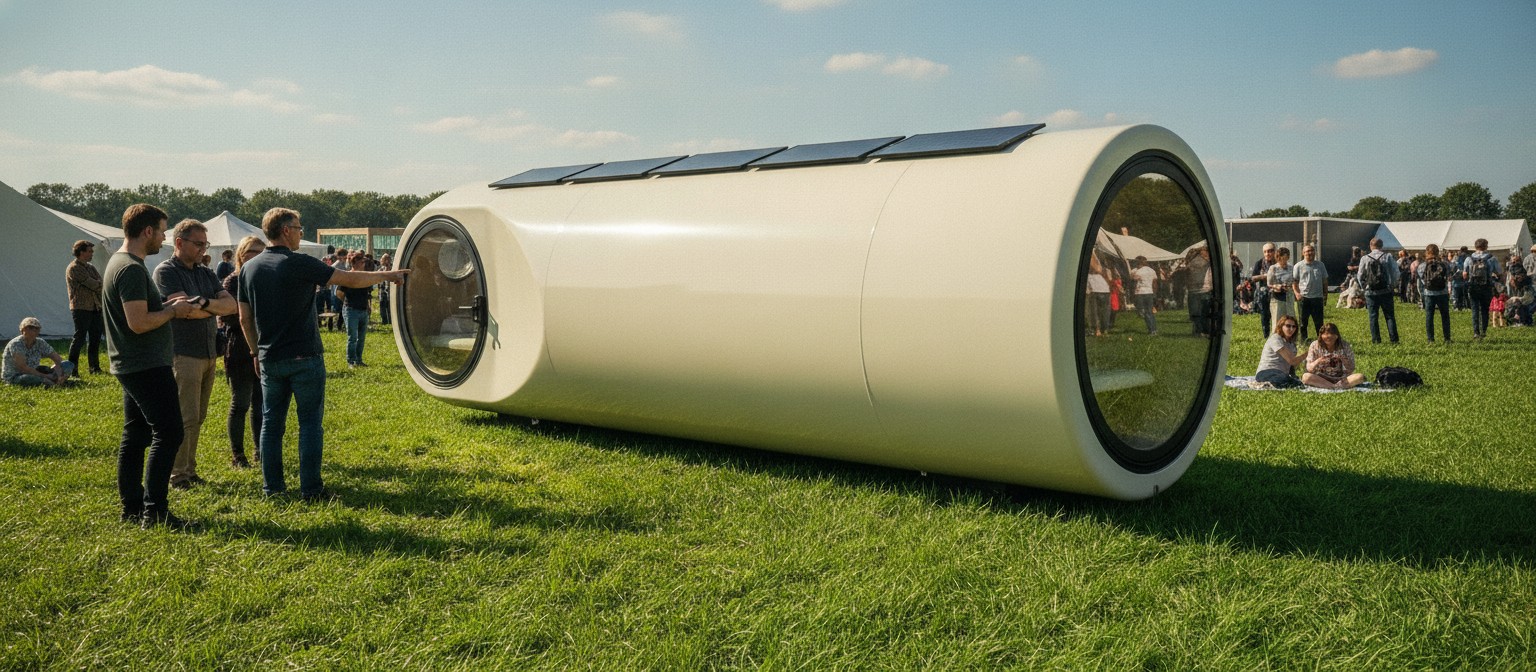 Tiny micro home converted from a wind turbine nacelle with solar panels in a green setting